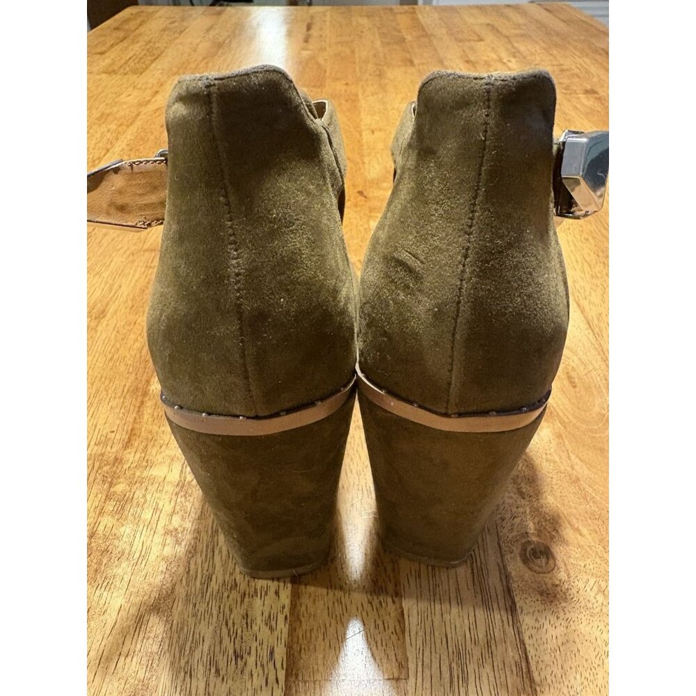 Olive Green Suede Peep-Toe Block Heel Ankle Booties Studded‎ Size 7 Glam Biker - Picture 5 of 8